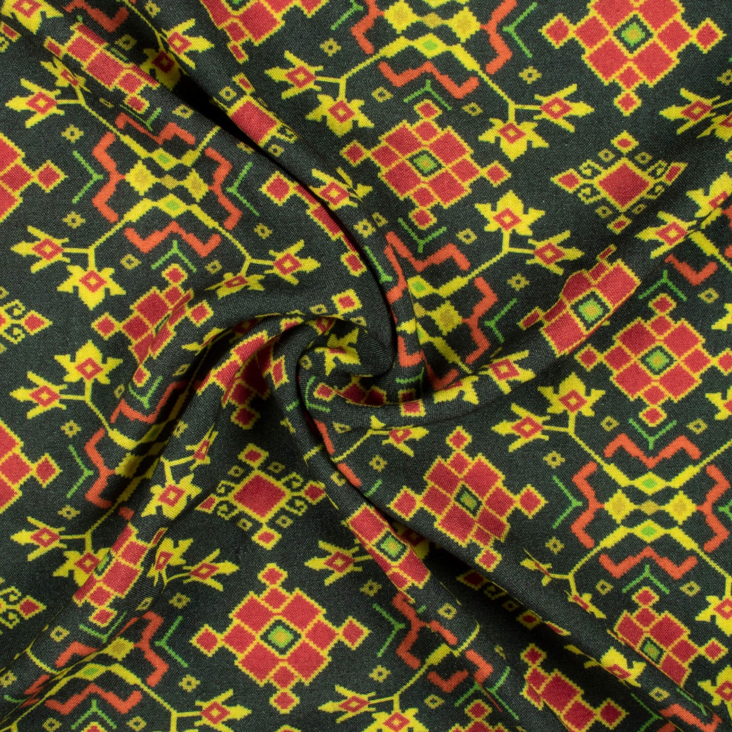 Dark Green And Vermilion Red Patolaa Pattern Digital Print Viscose Rayon Fabric (Width 58 Inches)
