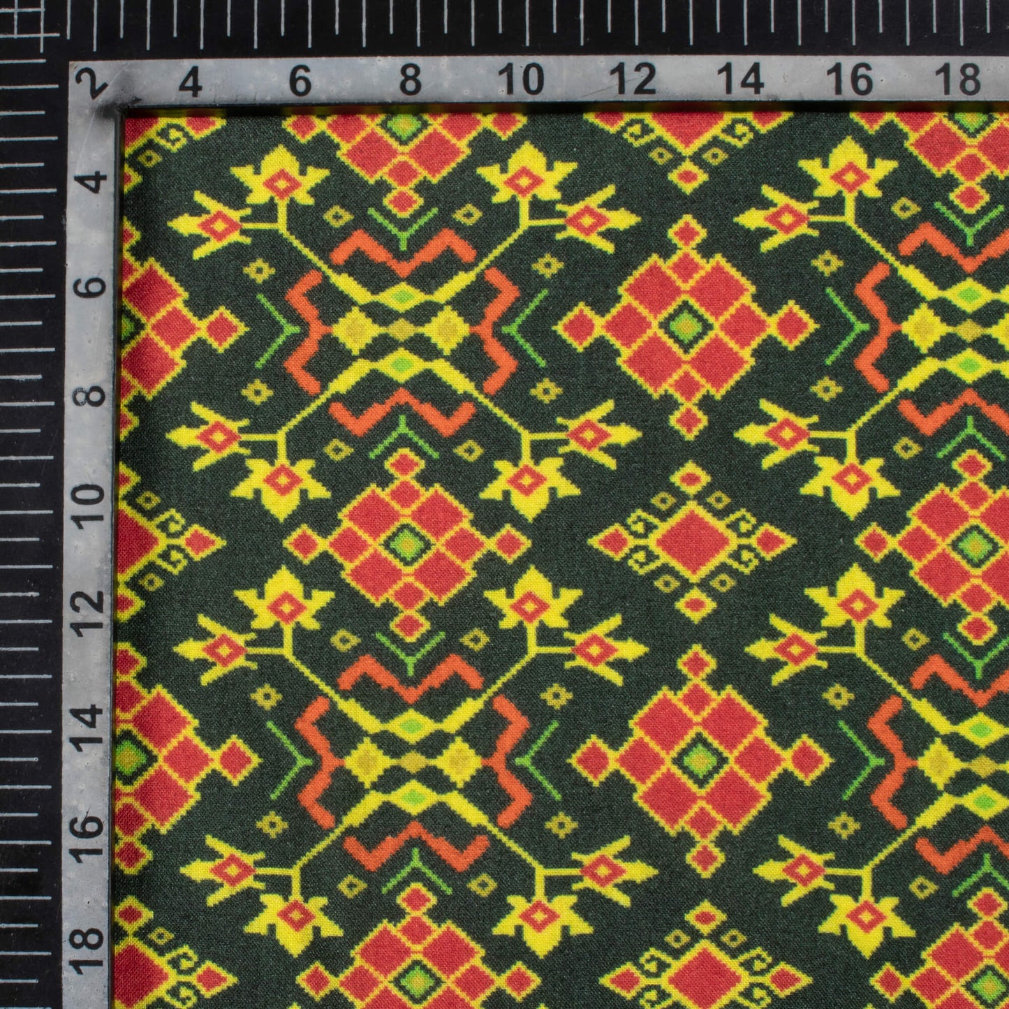 Dark Green And Vermilion Red Patolaa Pattern Digital Print Viscose Rayon Fabric (Width 58 Inches)
