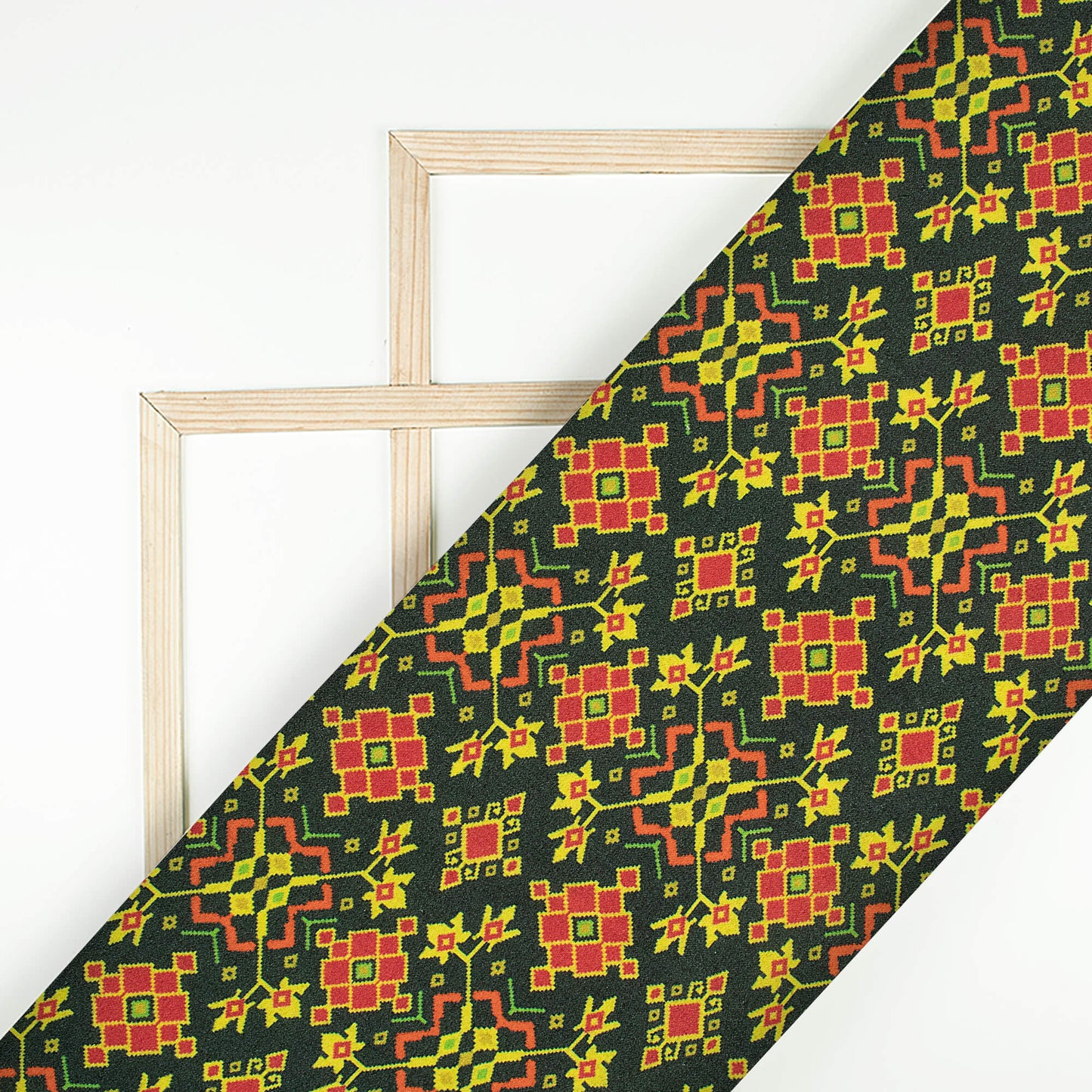 Dark Green And Vermilion Red Patolaa Pattern Digital Print Viscose Rayon Fabric (Width 58 Inches)