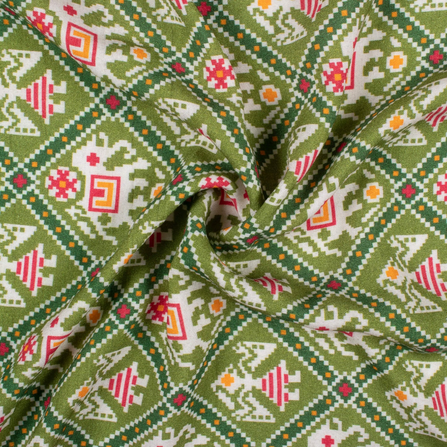Pickle Green And White Patolaa Pattern Digital Print Viscose Rayon Fabric (Width 58 Inches)