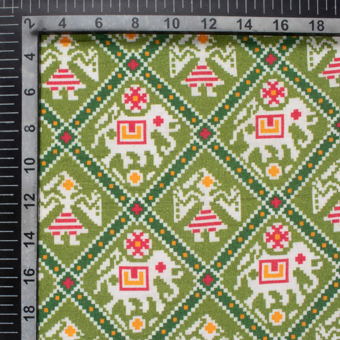 Pickle Green And White Patolaa Pattern Digital Print Viscose Rayon Fabric (Width 58 Inches)