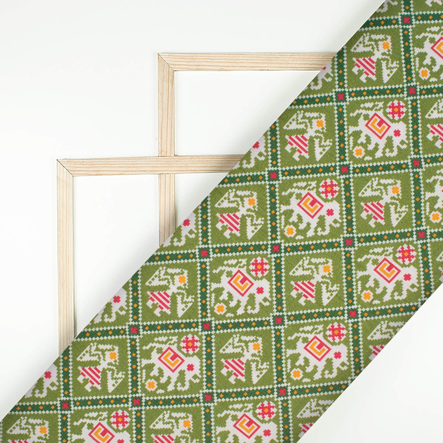 Pickle Green And White Patolaa Pattern Digital Print Viscose Rayon Fabric (Width 58 Inches)