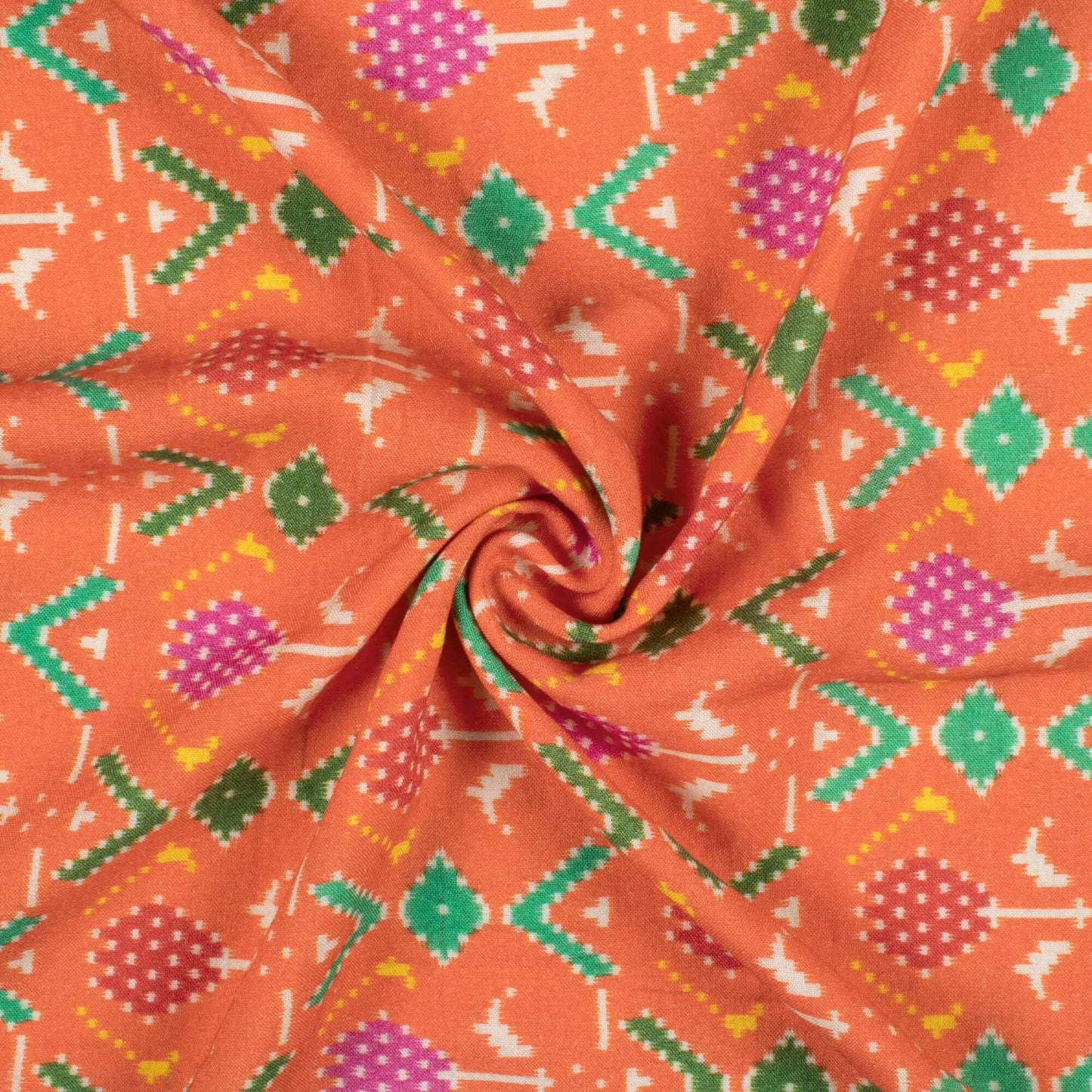 Burnt Orange And Paris Green Patolaa Pattern Digital Print Viscose Rayon Fabric (Width 58 Inches)