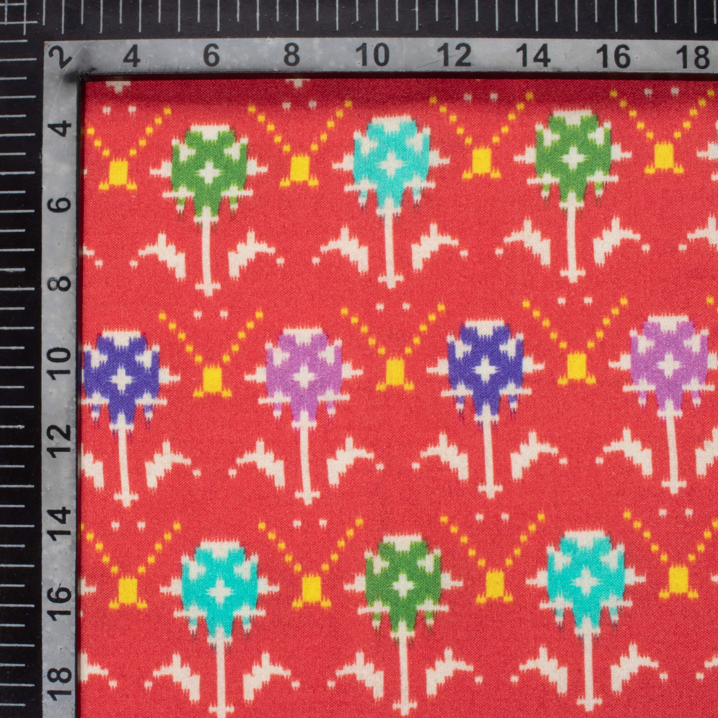 Vermilion Red And Blue Patolaa Pattern Digital Print Viscose Rayon Fabric (Width 58 Inches)