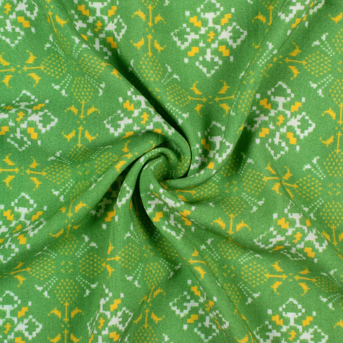 Parrot Green And Yellow Patolaa Pattern Digital Print Viscose Rayon Fabric (Width 58 Inches)