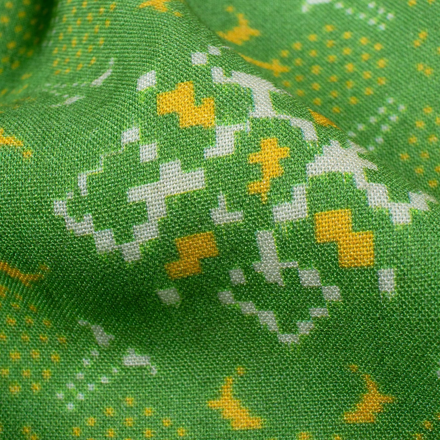 Parrot Green And Yellow Patola Pattern Digital Print Viscose Rayon Fabric (Width 58 Inches)