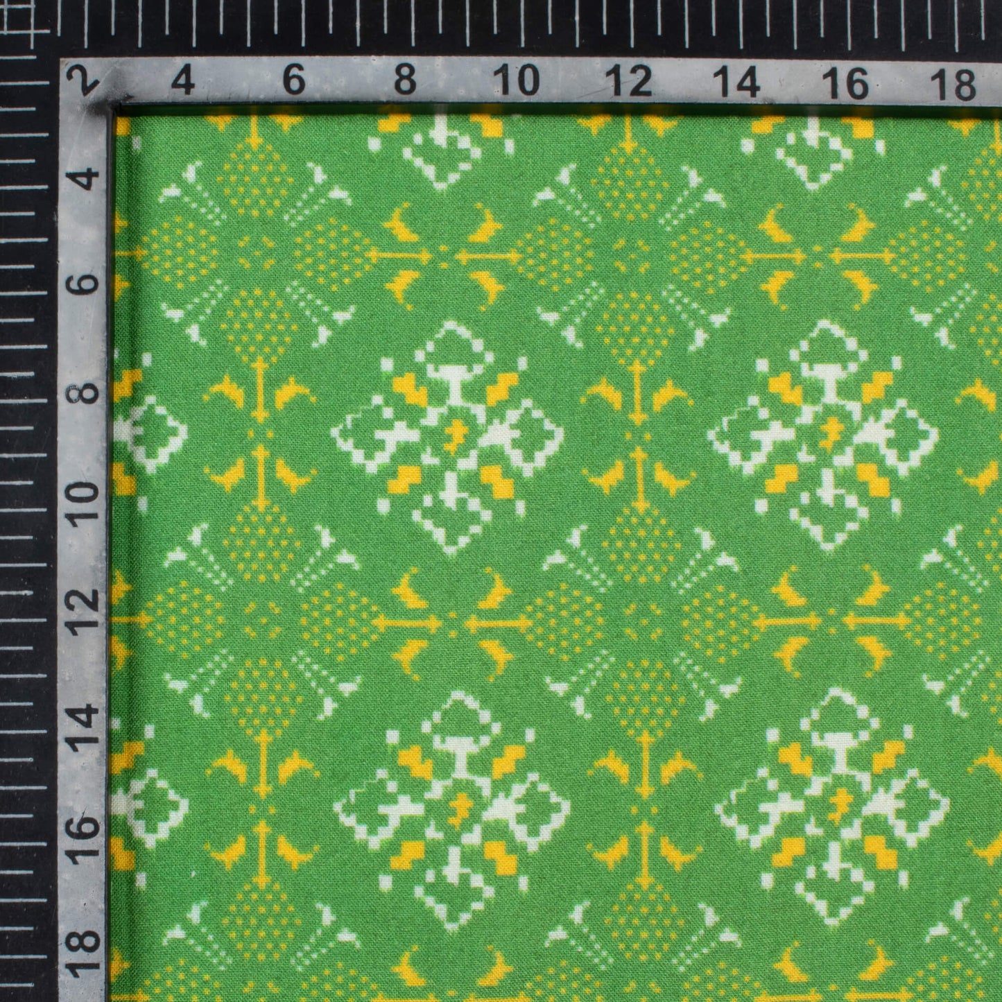 Parrot Green And Yellow Patola Pattern Digital Print Viscose Rayon Fabric (Width 58 Inches)