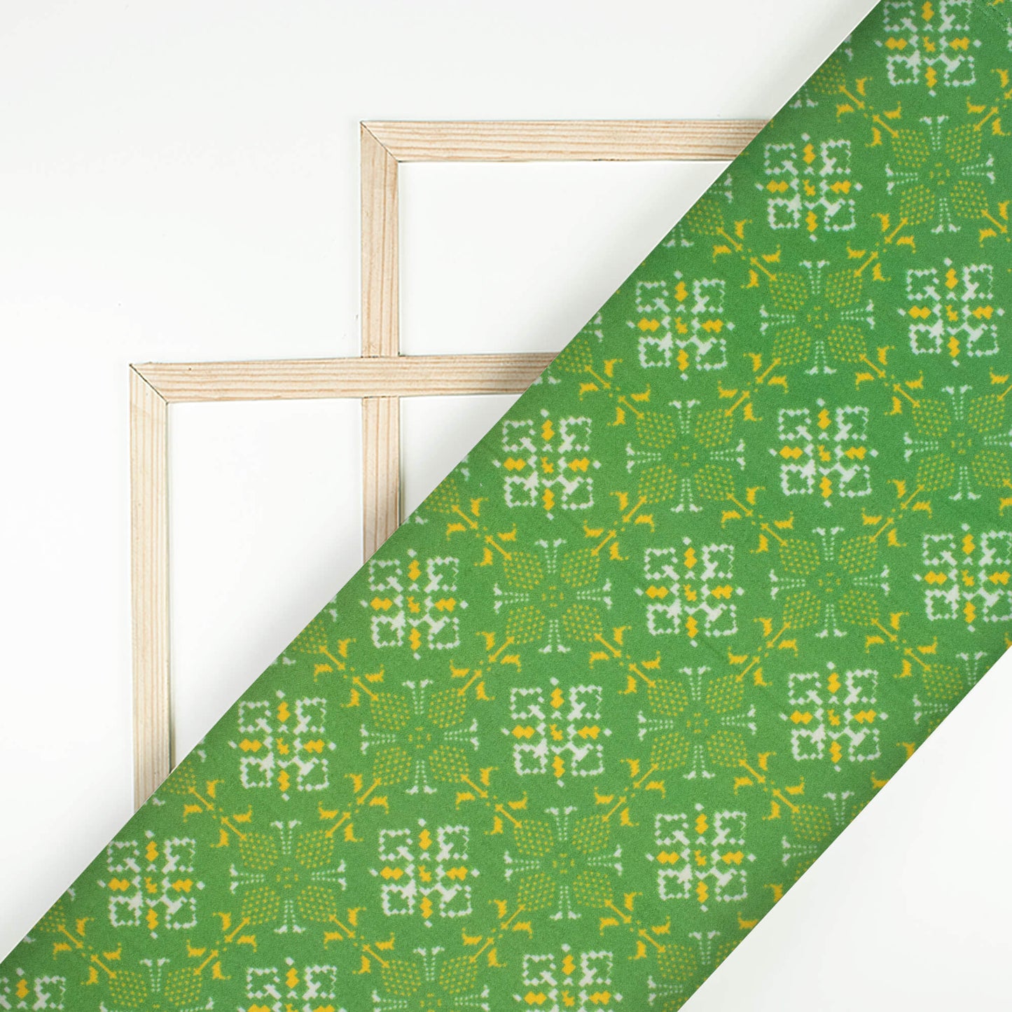 Parrot Green And Yellow Patolaa Pattern Digital Print Viscose Rayon Fabric (Width 58 Inches)