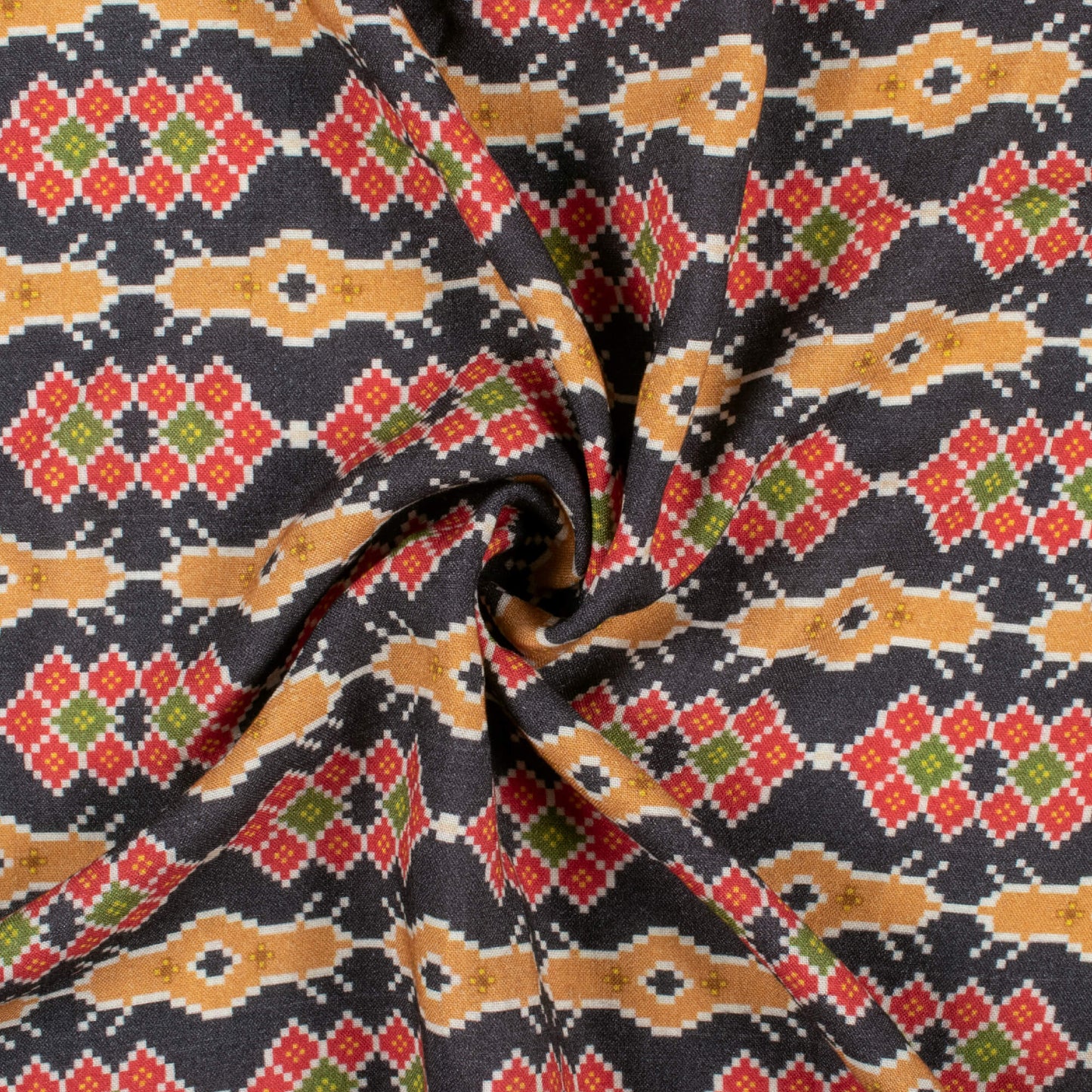 Black And Vermilion Red Patolaa Pattern Digital Print Viscose Rayon Fabric (Width 58 Inches)