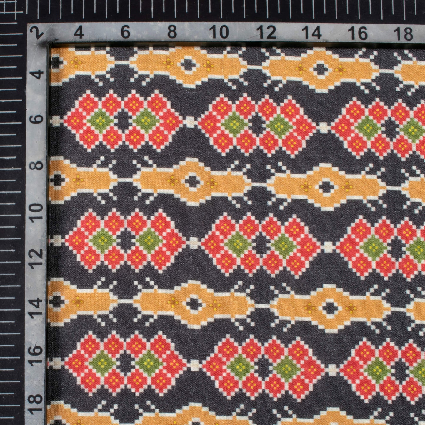 Black And Vermilion Red Patolaa Pattern Digital Print Viscose Rayon Fabric (Width 58 Inches)