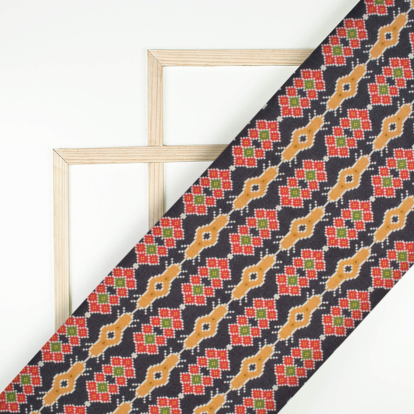 Black And Vermilion Red Patolaa Pattern Digital Print Viscose Rayon Fabric (Width 58 Inches)