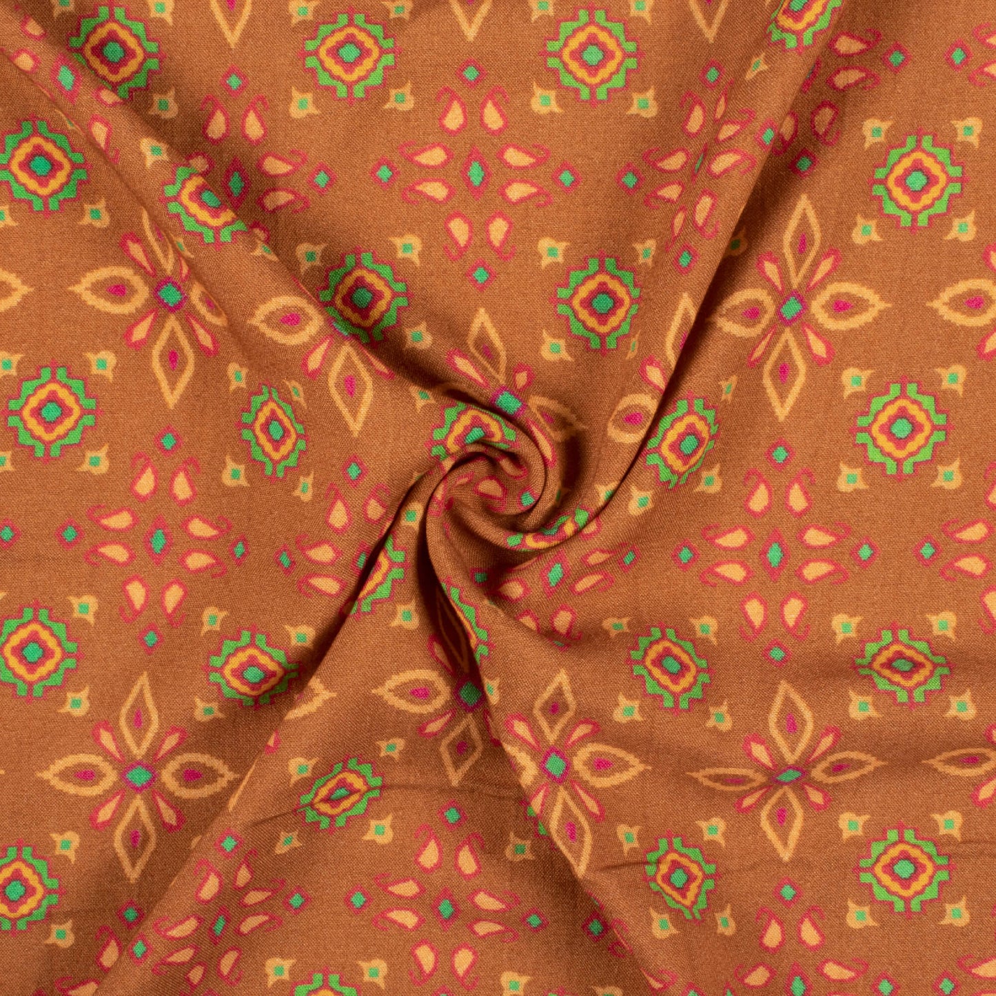 Ochre Orange And Paris Green Patolaa Pattern Digital Print Viscose Rayon Fabric (Width 58 Inches)