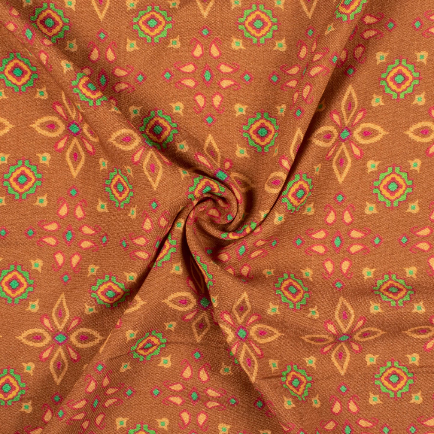 Ochre Orange And Paris Green Patola Pattern Digital Print Viscose Rayon Fabric (Width 58 Inches)