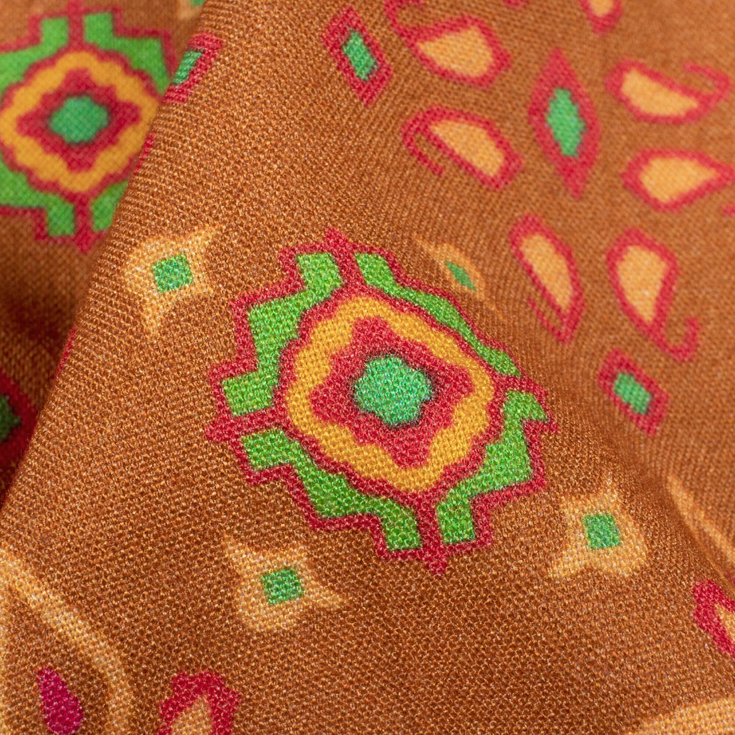 Ochre Orange And Paris Green Patolaa Pattern Digital Print Viscose Rayon Fabric (Width 58 Inches)