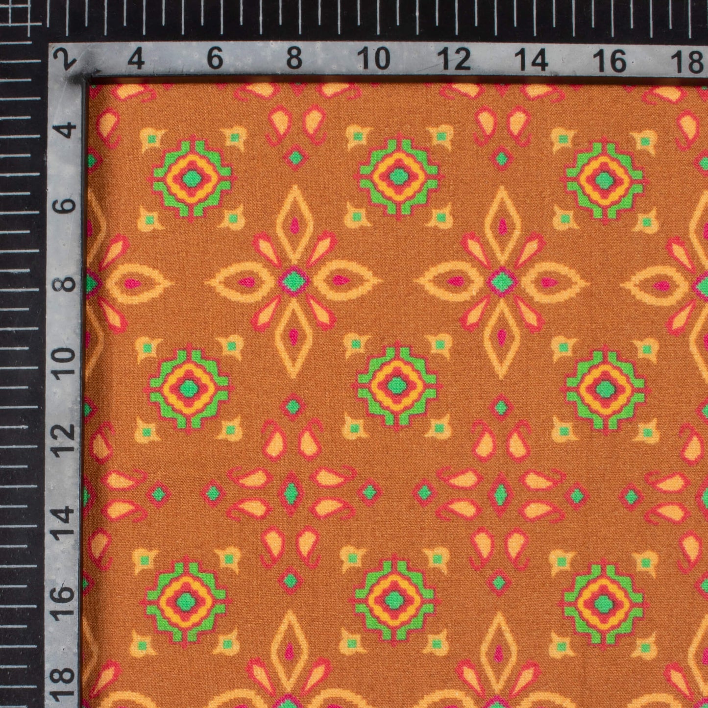 Ochre Orange And Paris Green Patolaa Pattern Digital Print Viscose Rayon Fabric (Width 58 Inches)