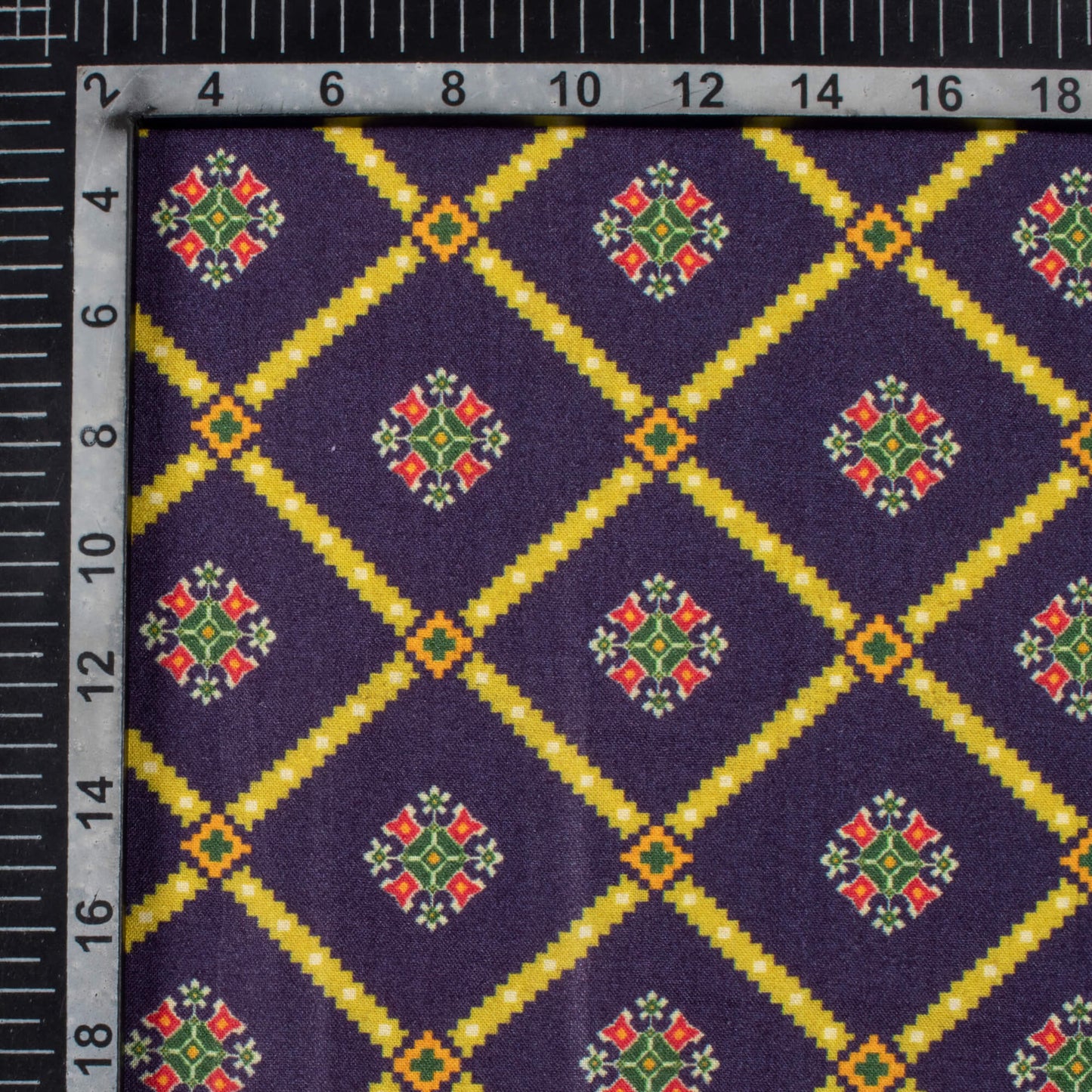 Oxford Blue And Dijon Yellow Patola Pattern Digital Print Viscose Rayon Fabric (Width 58 Inches)