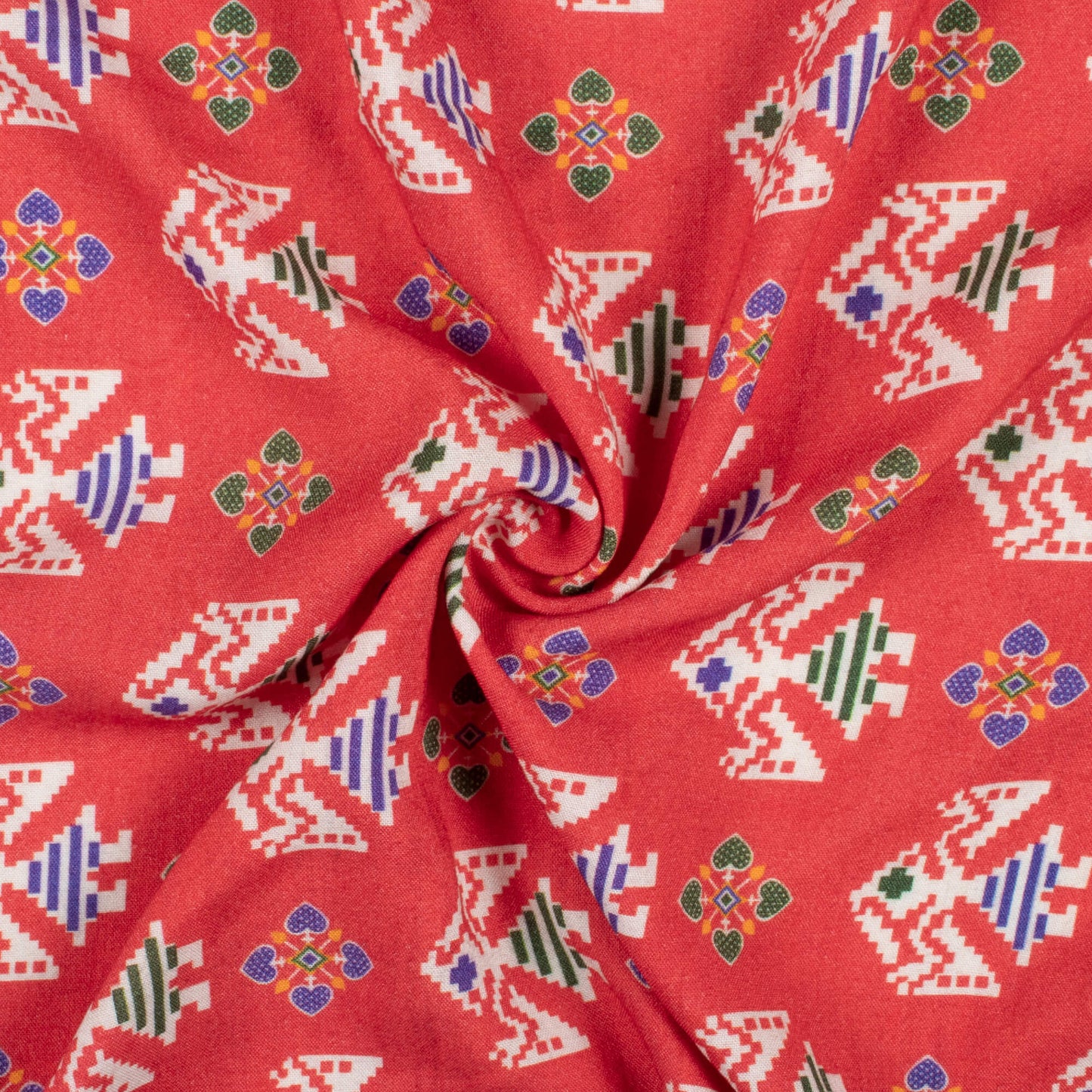Vermilion Red And White Patola Pattern Digital Print Viscose Rayon Fabric (Width 58 Inches)