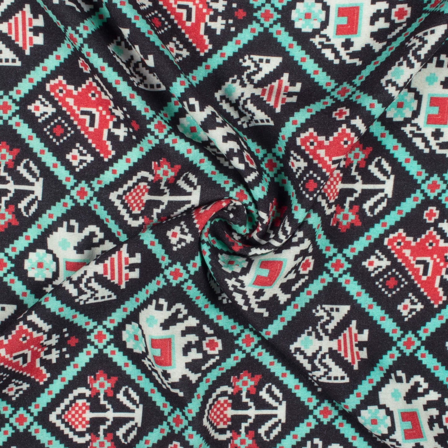 Black And Sky Blue Patolaa Pattern Digital Print Viscose Rayon Fabric (Width 58 Inches)