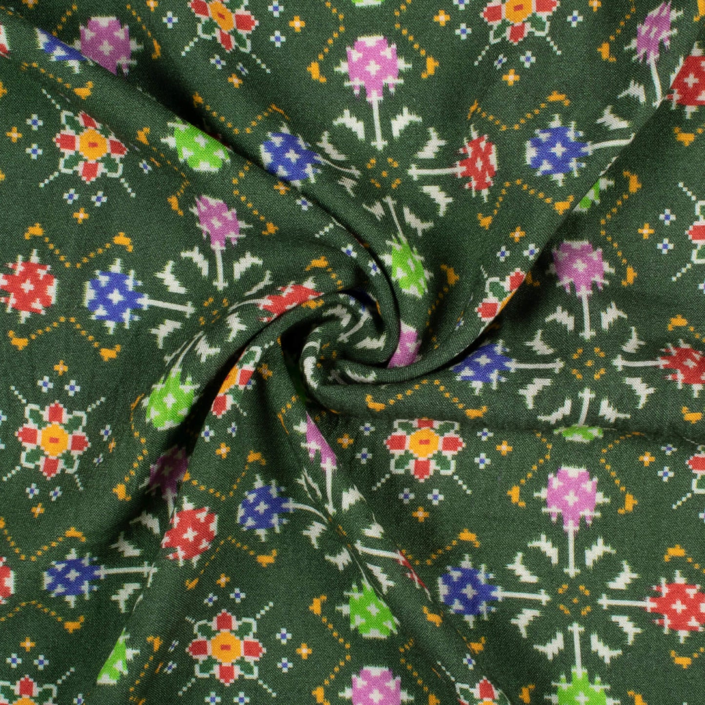 Forest Green And Purple Patolaa Pattern Digital Print Viscose Rayon Fabric (Width 58 Inches)