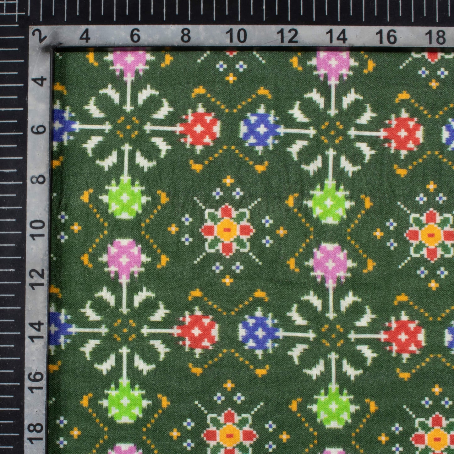 Forest Green And Purple Patolaa Pattern Digital Print Viscose Rayon Fabric (Width 58 Inches)