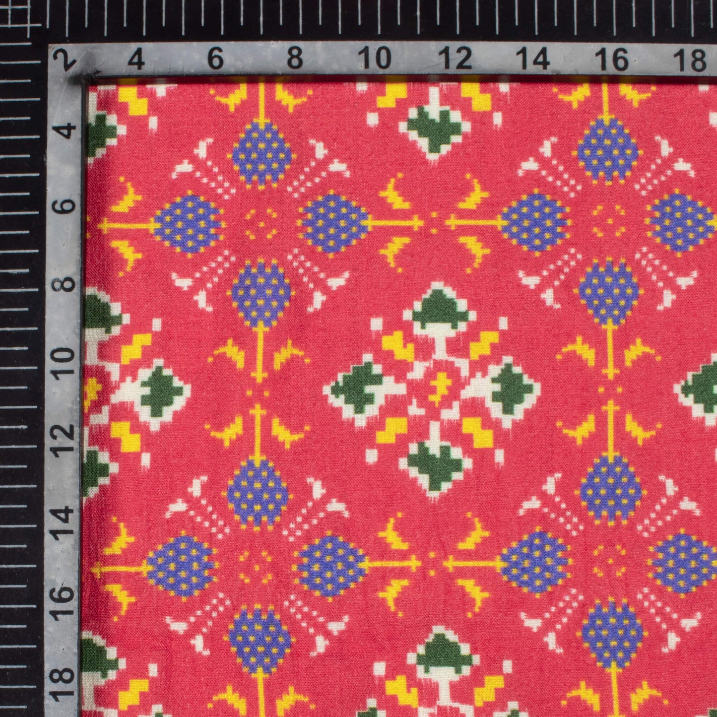 Vermilion Red And Blue Patolaa Pattern Digital Print Viscose Rayon Fabric (Width 58 Inches)