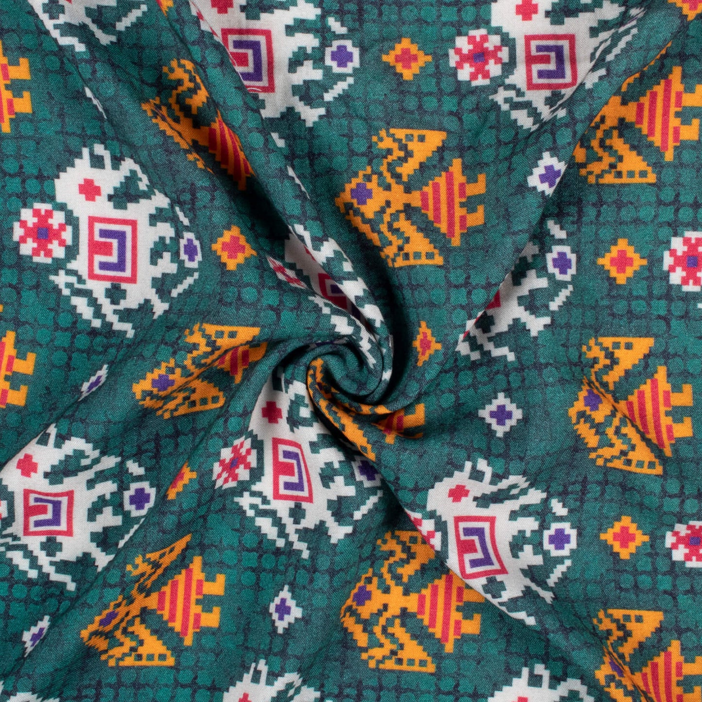 Pine Green And White Patolaa Pattern Digital Print Viscose Rayon Fabric (Width 58 Inches)