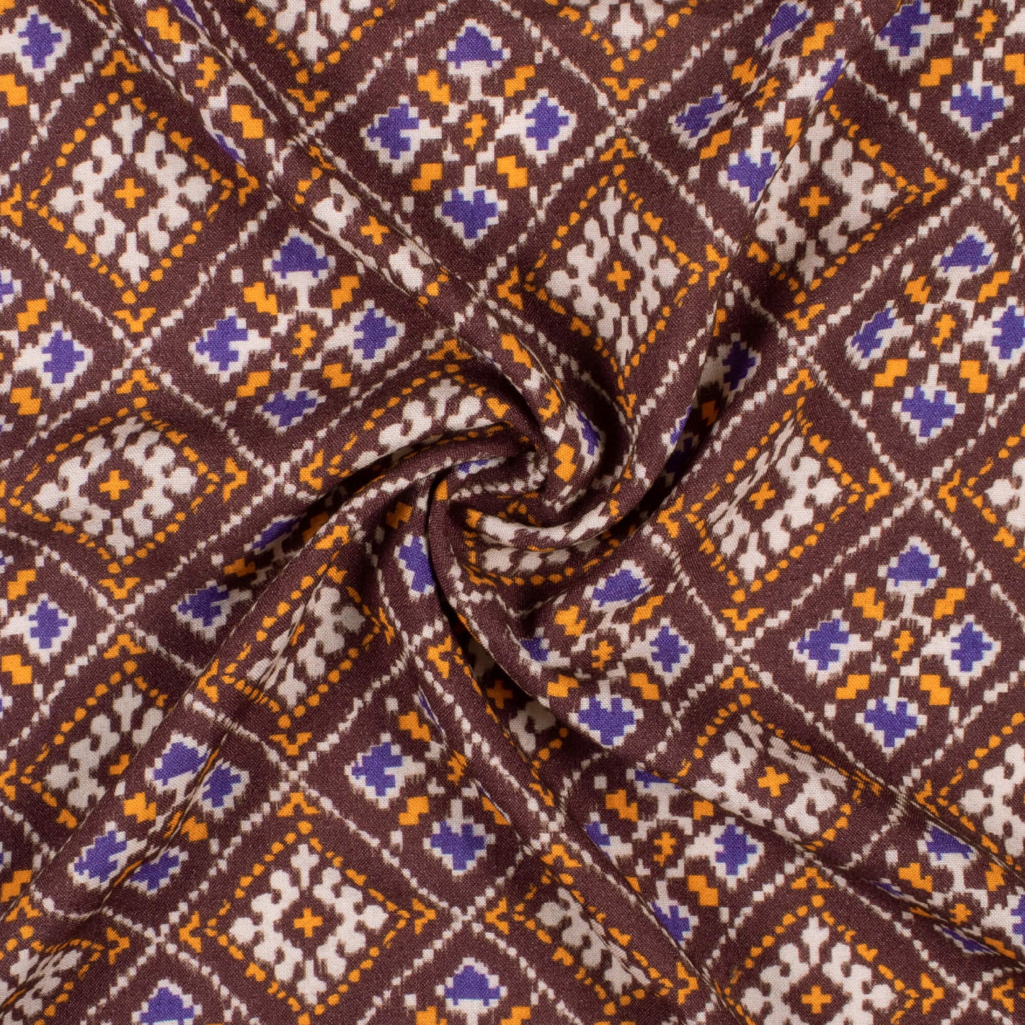 Dark Brown And Royal Orange Patolaa Pattern Digital Print Viscose Rayon Fabric (Width 58 Inches)