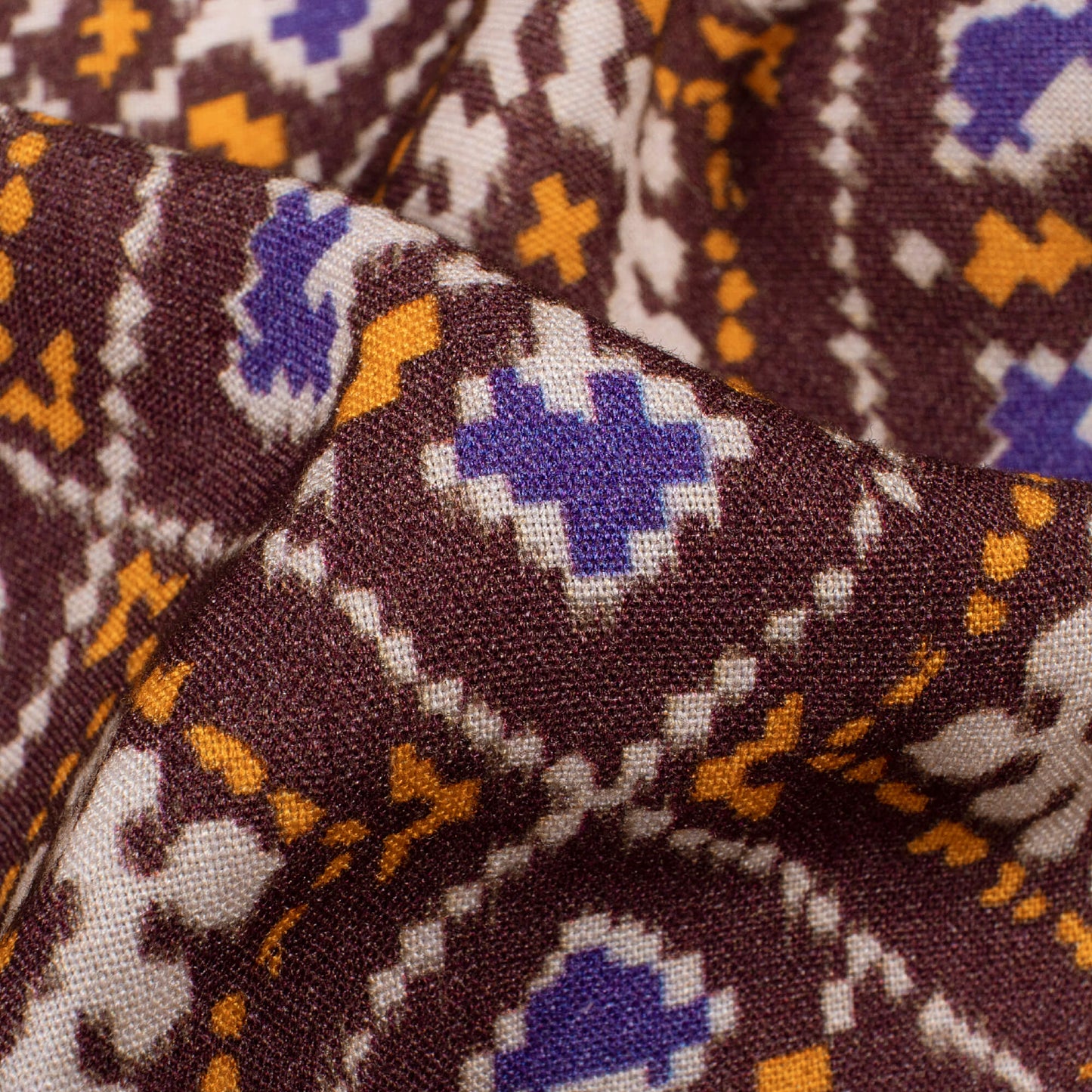 Dark Brown And Royal Orange Patolaa Pattern Digital Print Viscose Rayon Fabric (Width 58 Inches)