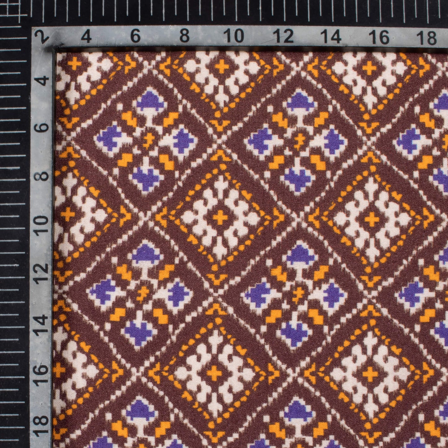Dark Brown And Royal Orange Patolaa Pattern Digital Print Viscose Rayon Fabric (Width 58 Inches)
