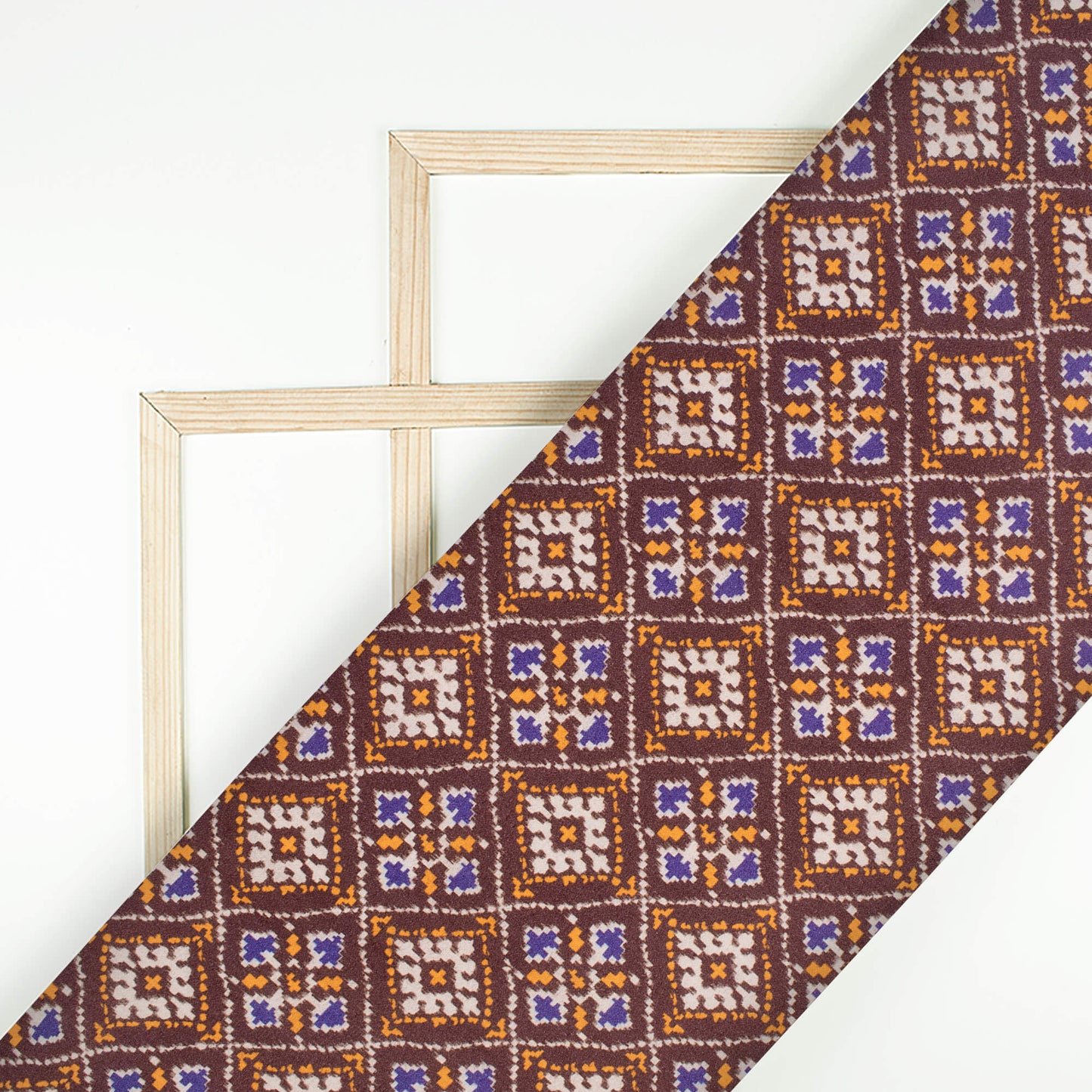 Dark Brown And Royal Orange Patolaa Pattern Digital Print Viscose Rayon Fabric (Width 58 Inches)