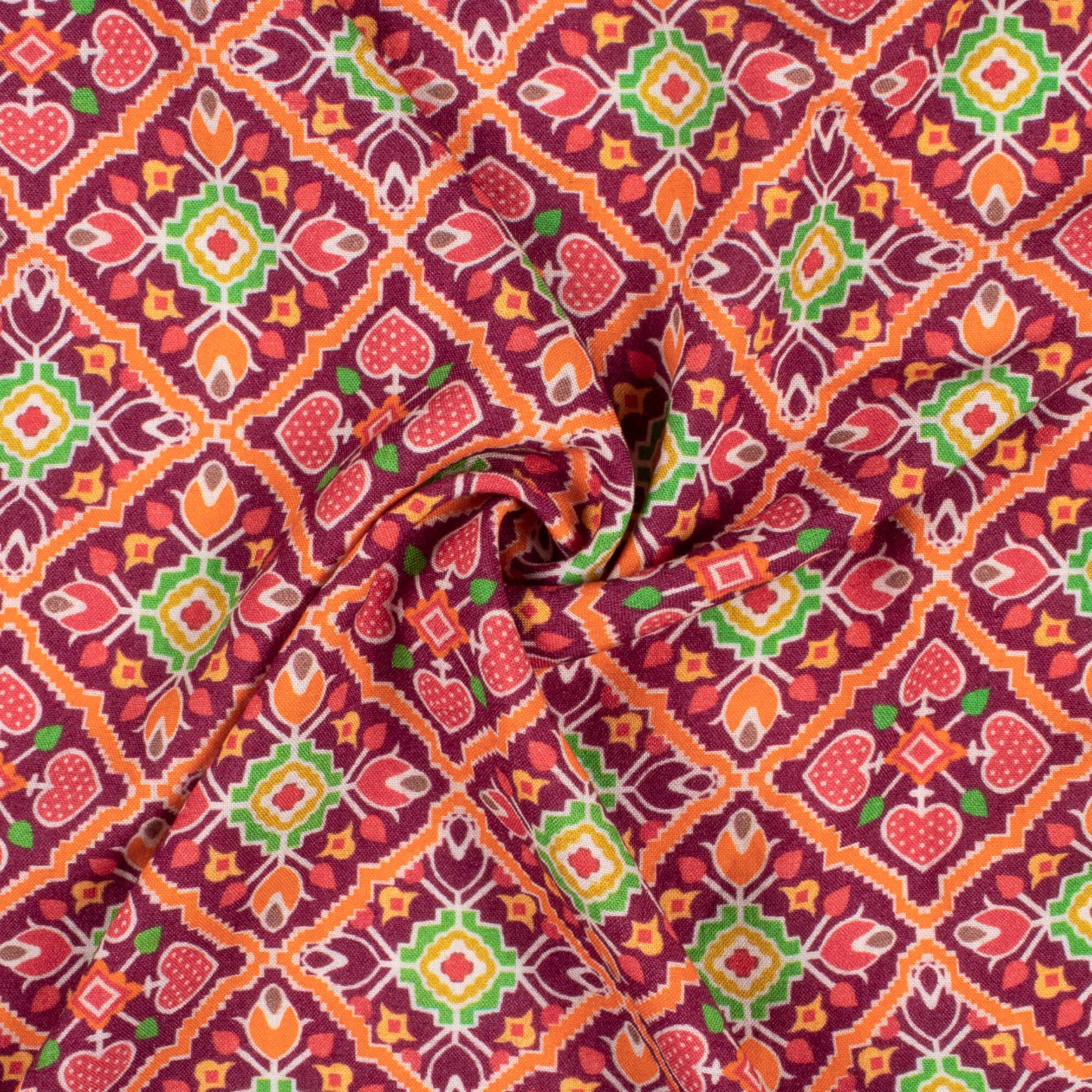 Ruby Red And Orange Patolaa Pattern Digital Print Viscose Rayon Fabric (Width 58 Inches)