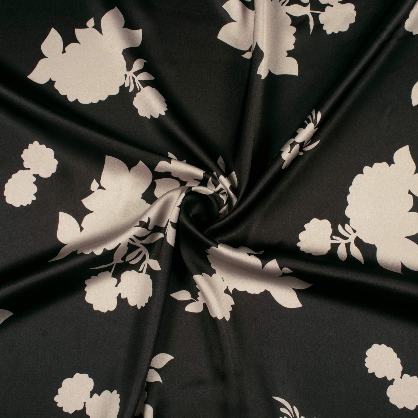 Black And Pearl Grey Floral Pattern Digital Print Japan Satin Fabric