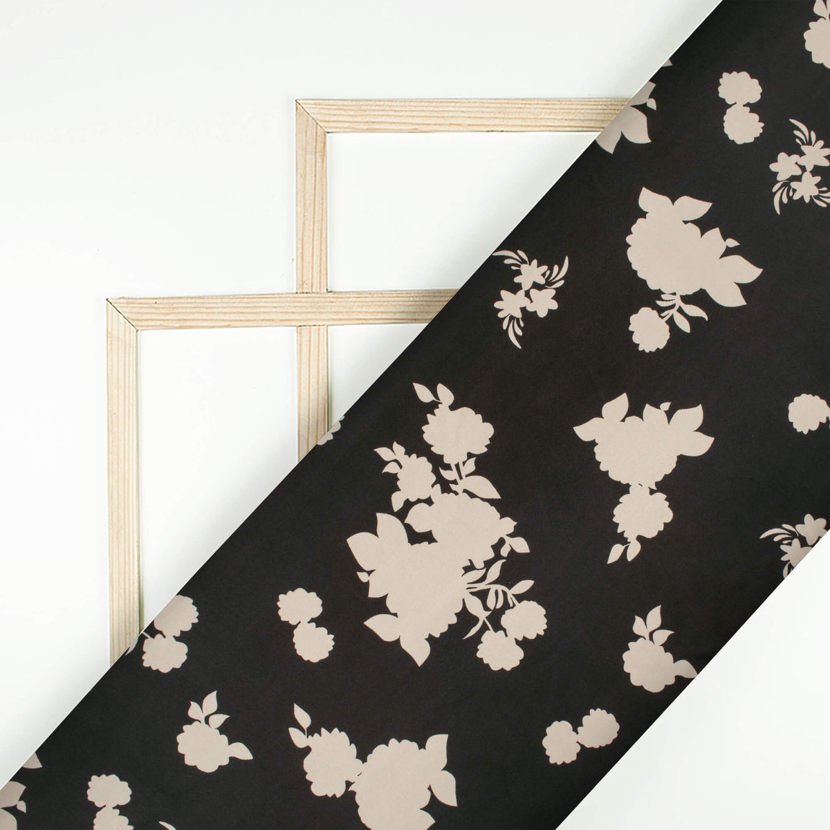 Black And Pearl Grey Floral Pattern Digital Print Japan Satin Fabric