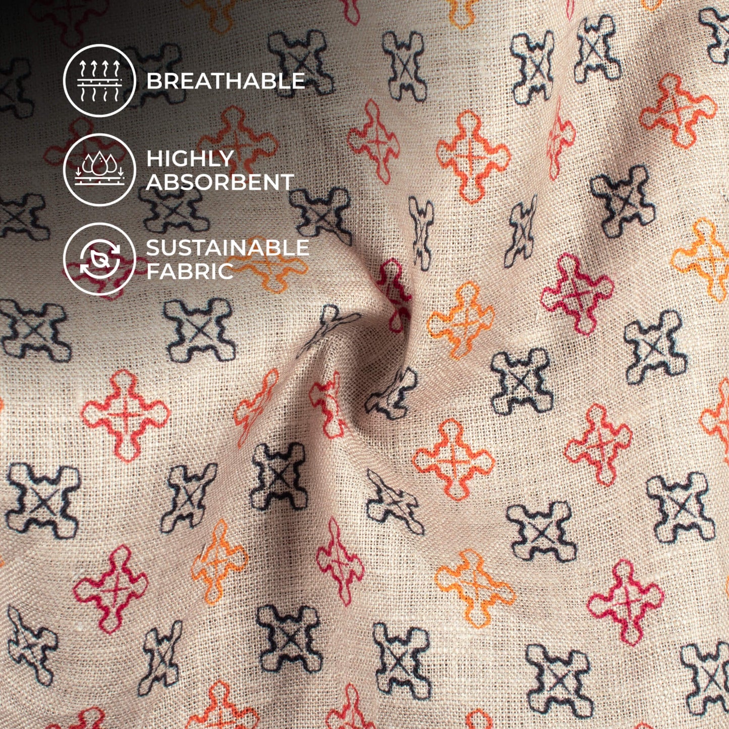 Mushroom Grey And Red Geometric Pattern Digital Print Premium Swiss Linen Fabric