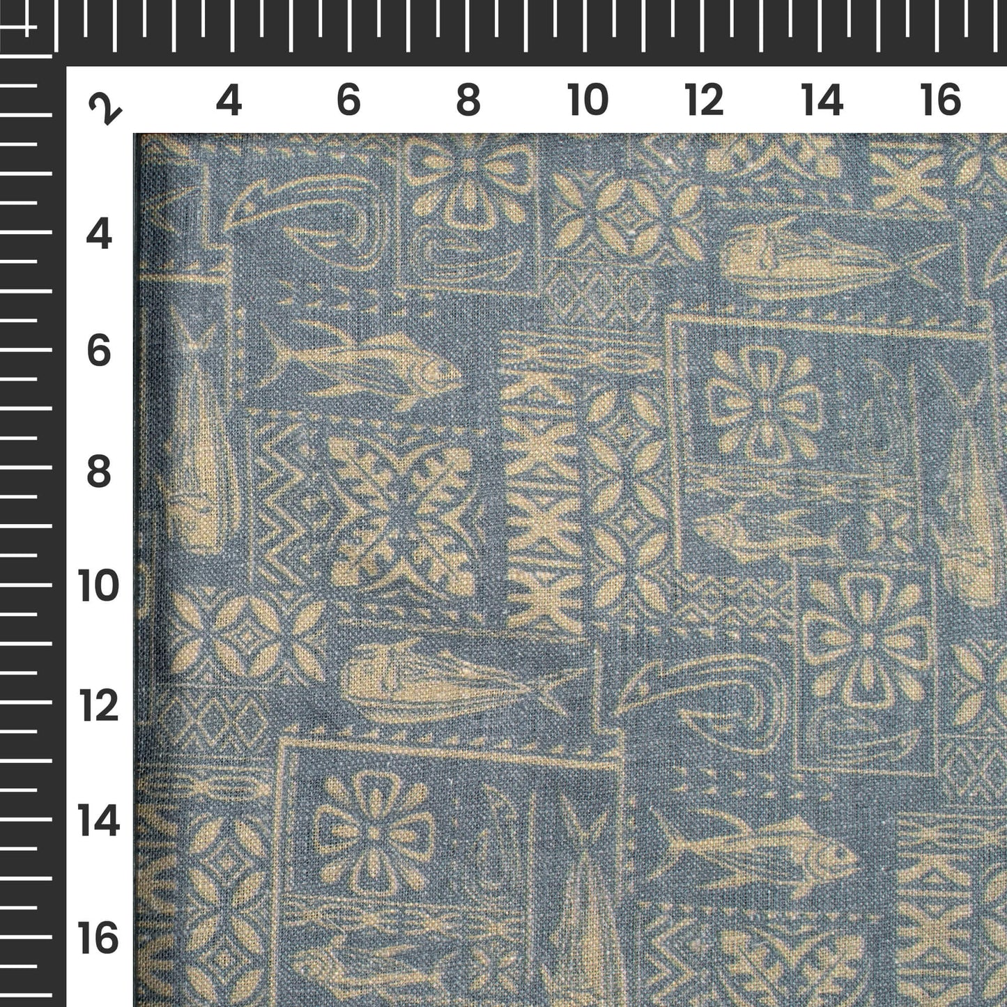 Slate Grey And Beige Quirky Pattern Digital Print Premium Swiss Linen Fabric