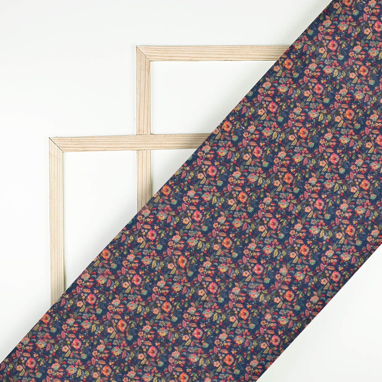 Navy Blue And Peach Floral Pattern Digital Print Premium Swiss Linen Fabric