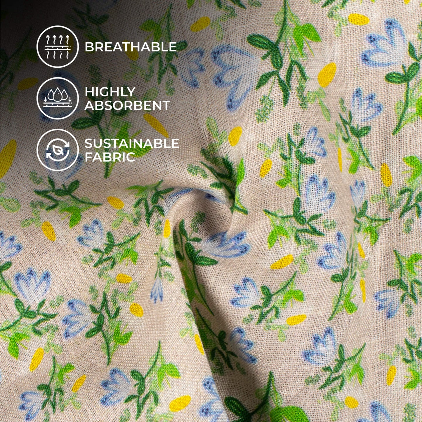 Cloudy Grey And Kelly Green Floral Pattern Digital Print Premium Swiss Linen Fabric