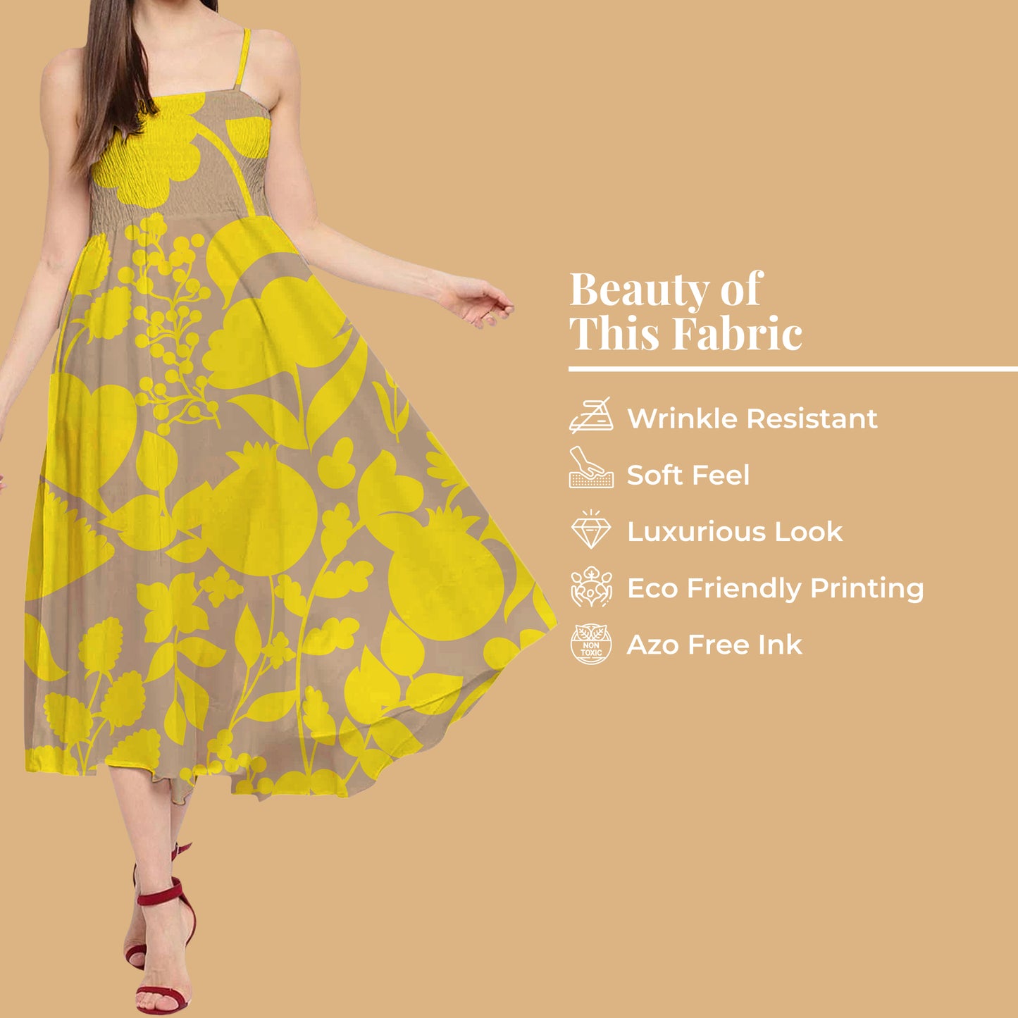 Saddle Brown And Lemon Yellow Floral Pattern Digital Print Japan Satin Fabric