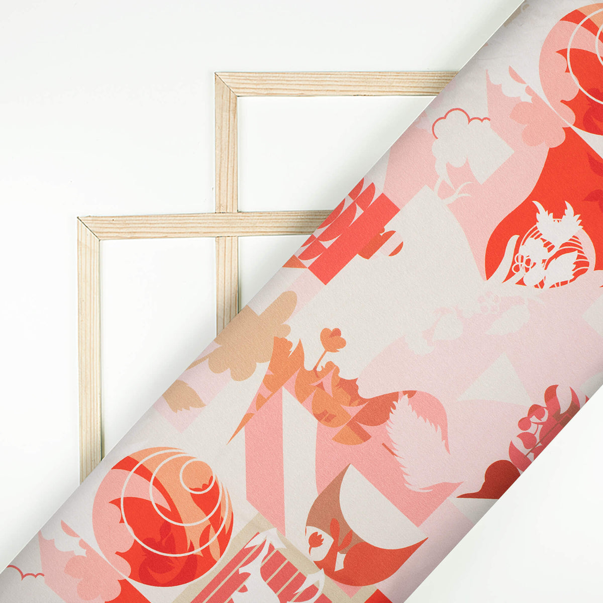 Baby Pink And Vermilion Red Floral Pattern Digital Print Japan Satin Fabric