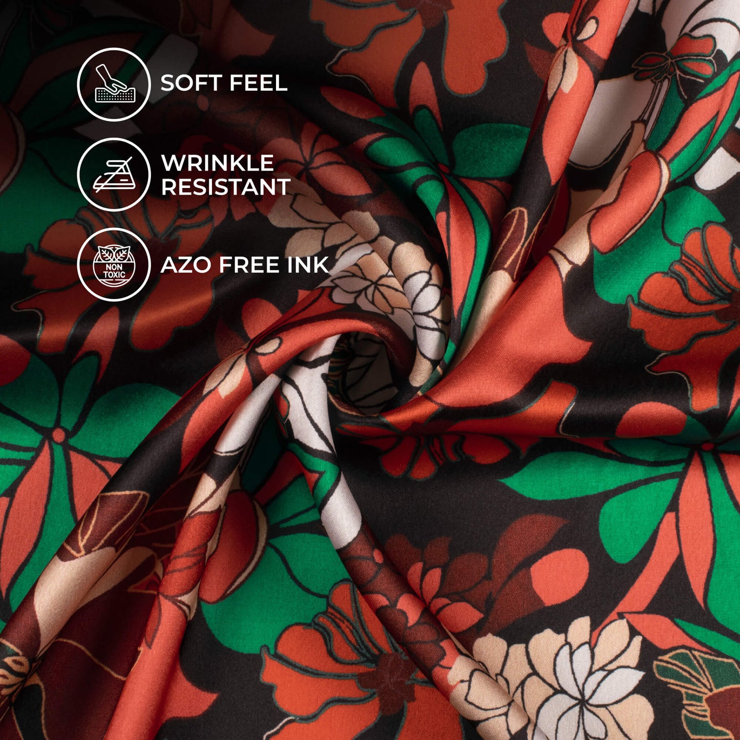 Black And Vermilion Red Floral Pattern Digital Print Japan Satin Fabric