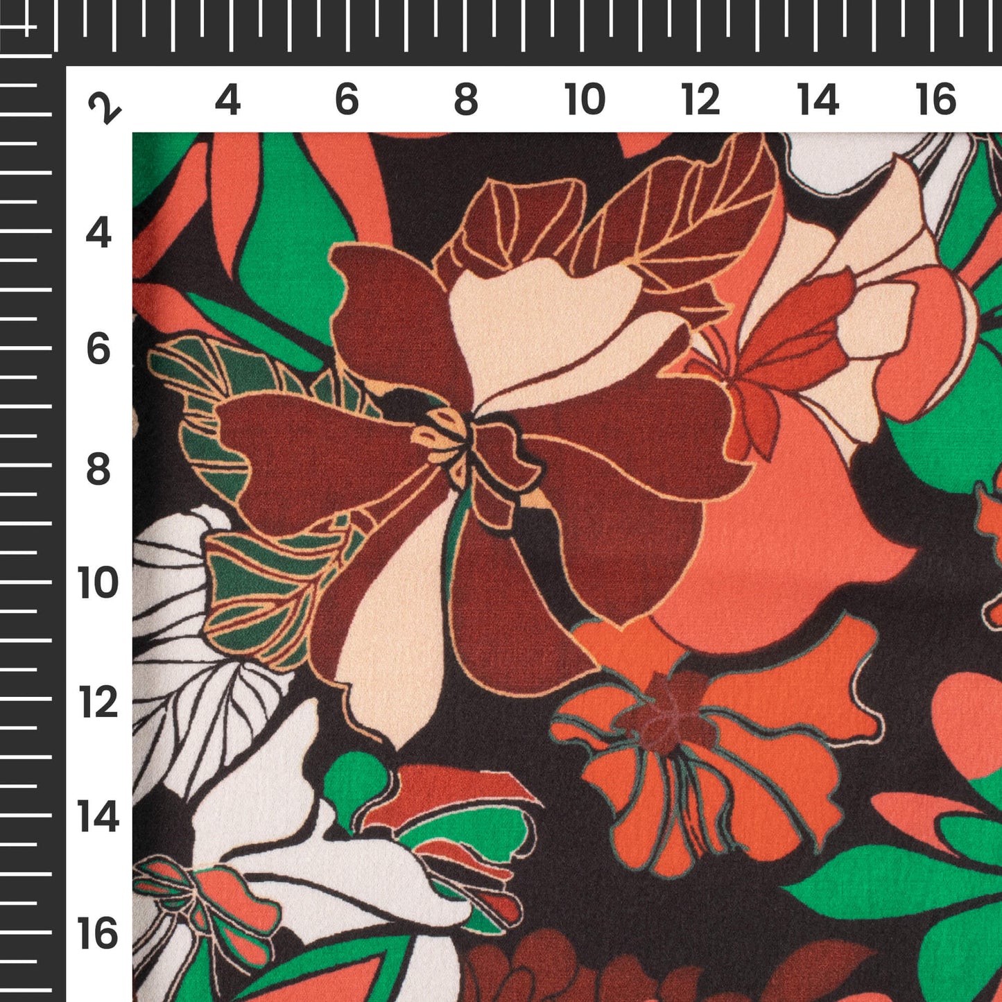 Black And Vermilion Red Floral Pattern Digital Print Japan Satin Fabric