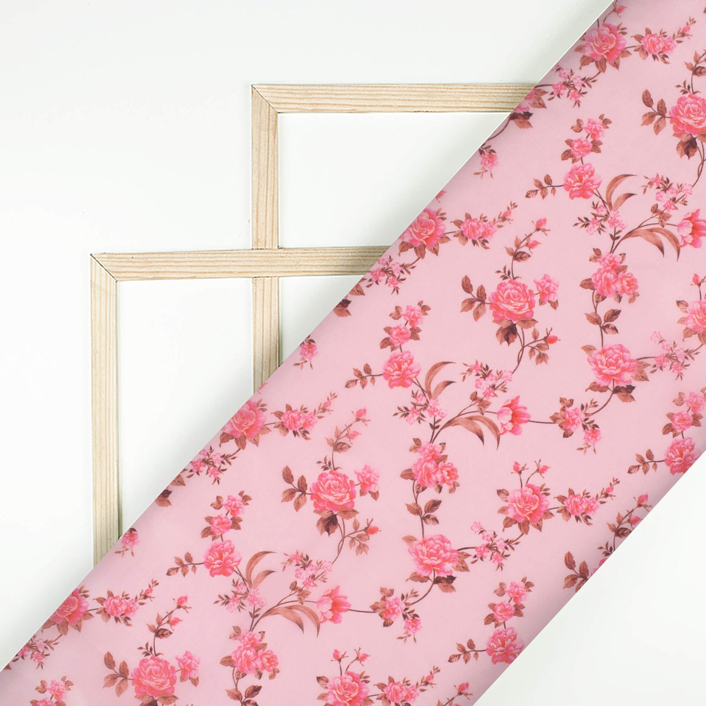 Baby Pink And Brown Floral Pattern Digital Print Organza Satin Fabric