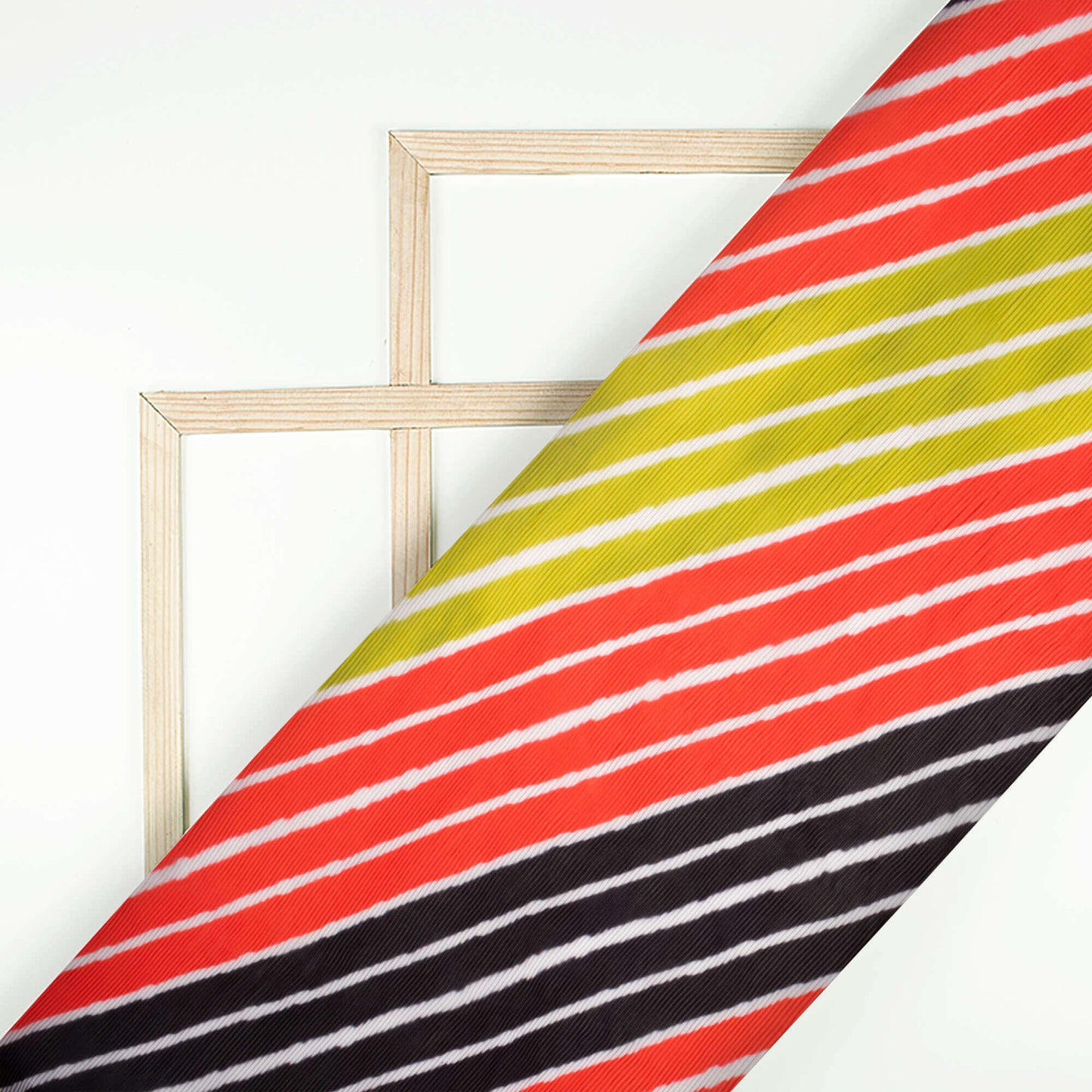 Vermilion Red And Green Stripes Pattern Digital Print Georgette Pleated Fabric
