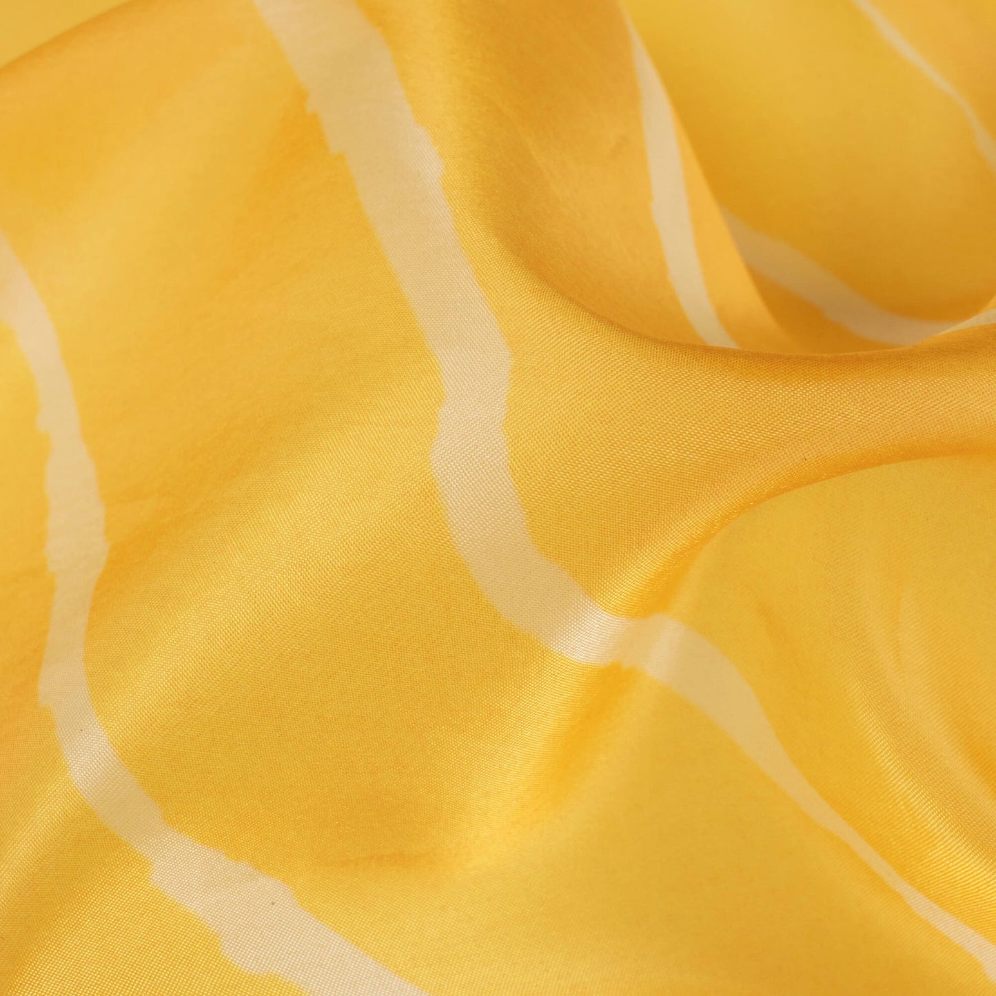 Canary Yellow And White Leheriya Pattern Digital Print Organza Satin Fabric