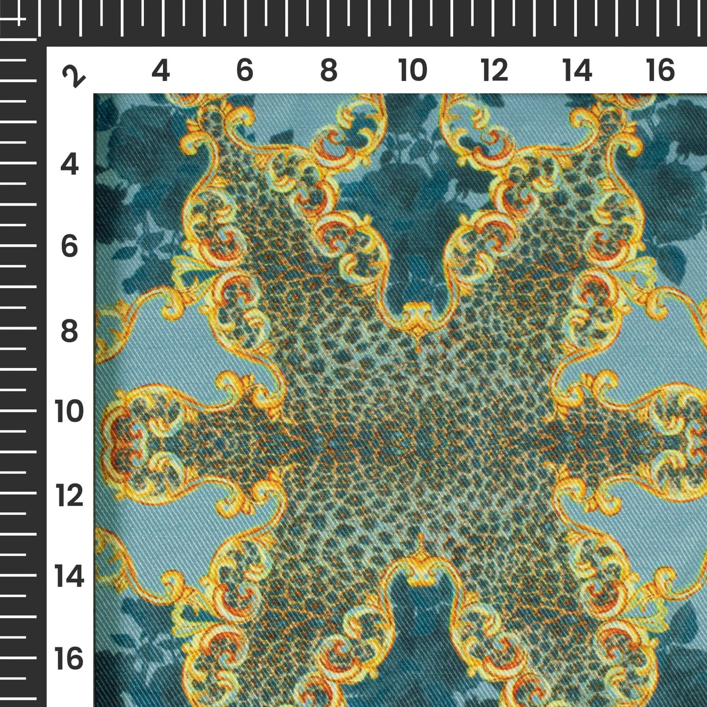 Stone Blue And Yellow Chain Pattern Digital Print Twill Fabric (Width 56 Inches)