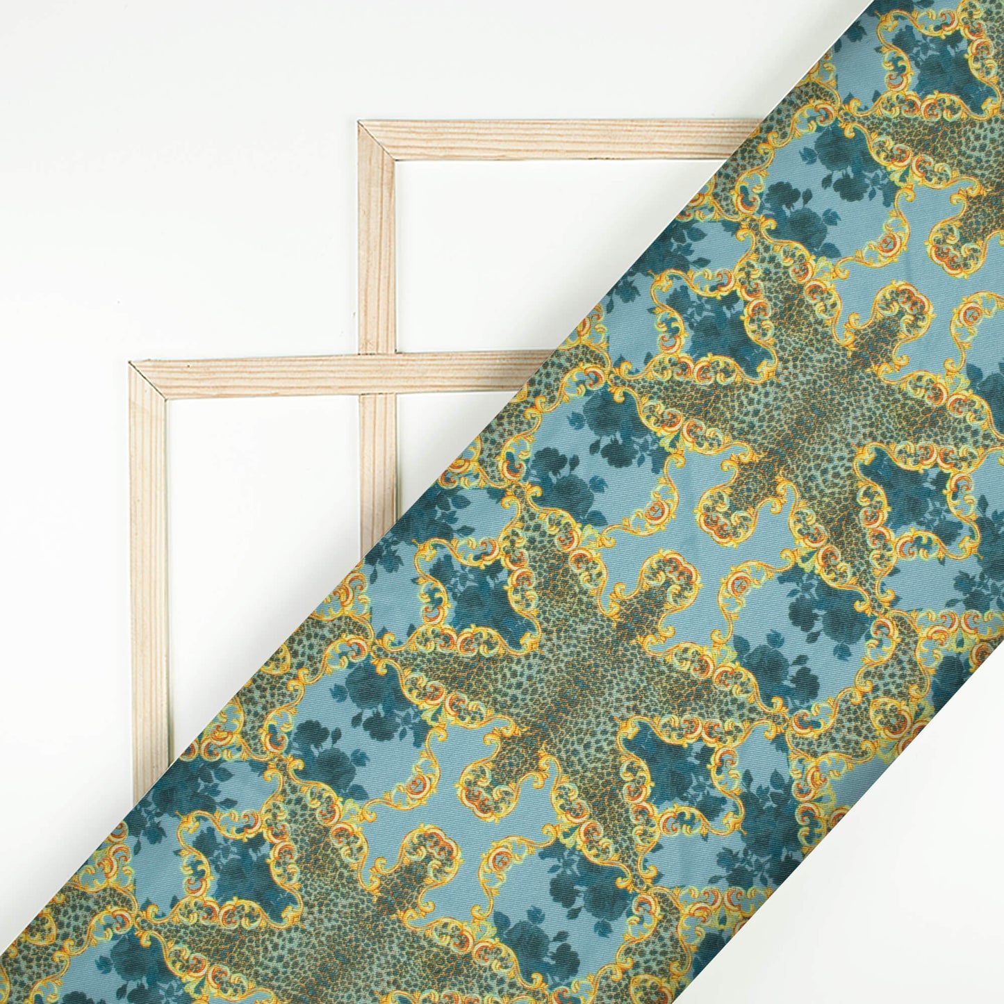 Stone Blue And Yellow Chain Pattern Digital Print Twill Fabric (Width 56 Inches)