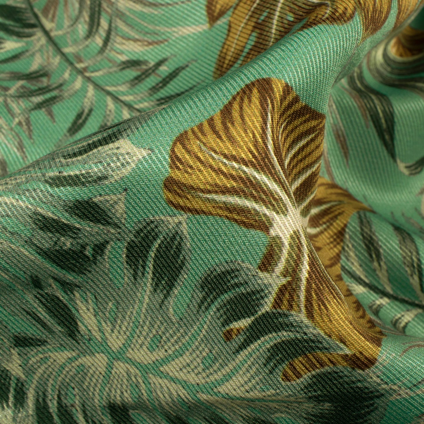 Russian Green And Dijon Yellow Tropical Pattern Digital Print Twill Fabric (Width 56 Inches)