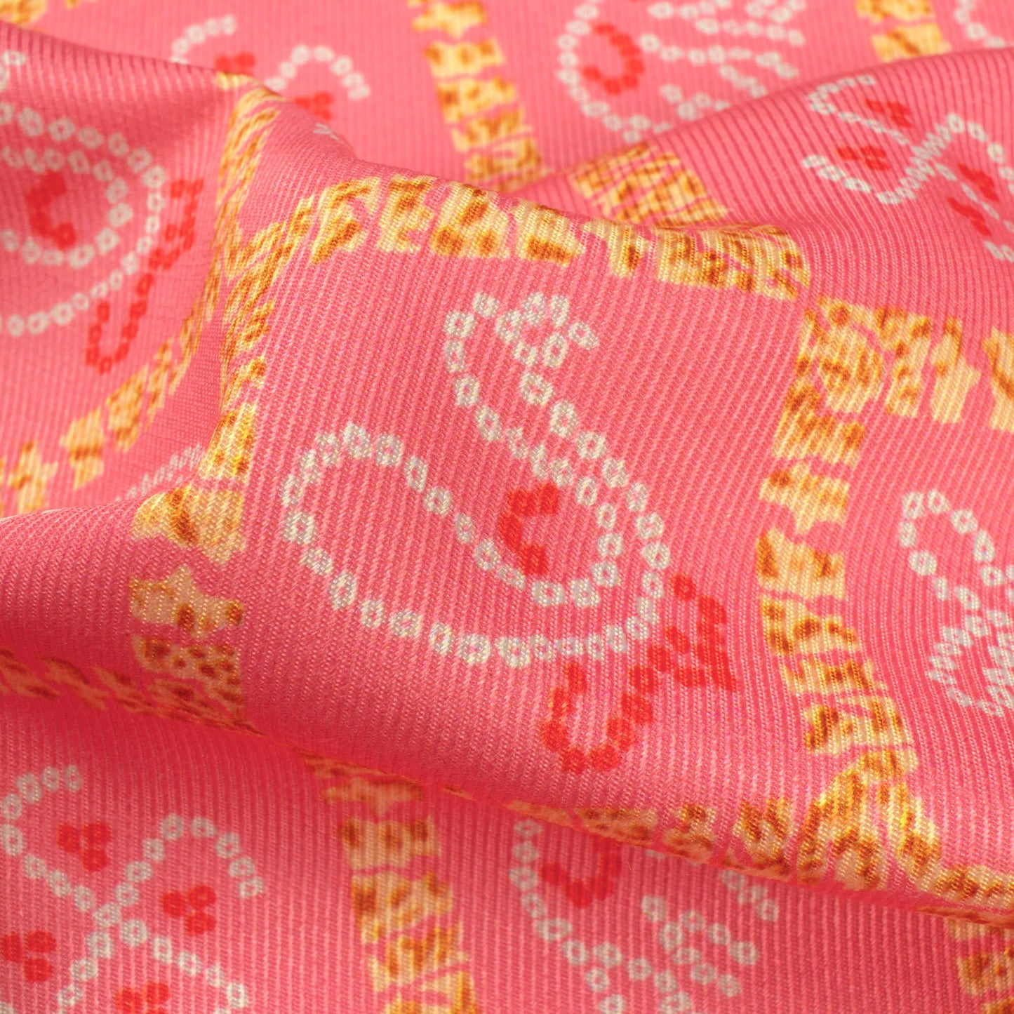Punch Pink And White Bandhanii Pattern Digital Print Twill Fabric (Width 56 Inches)