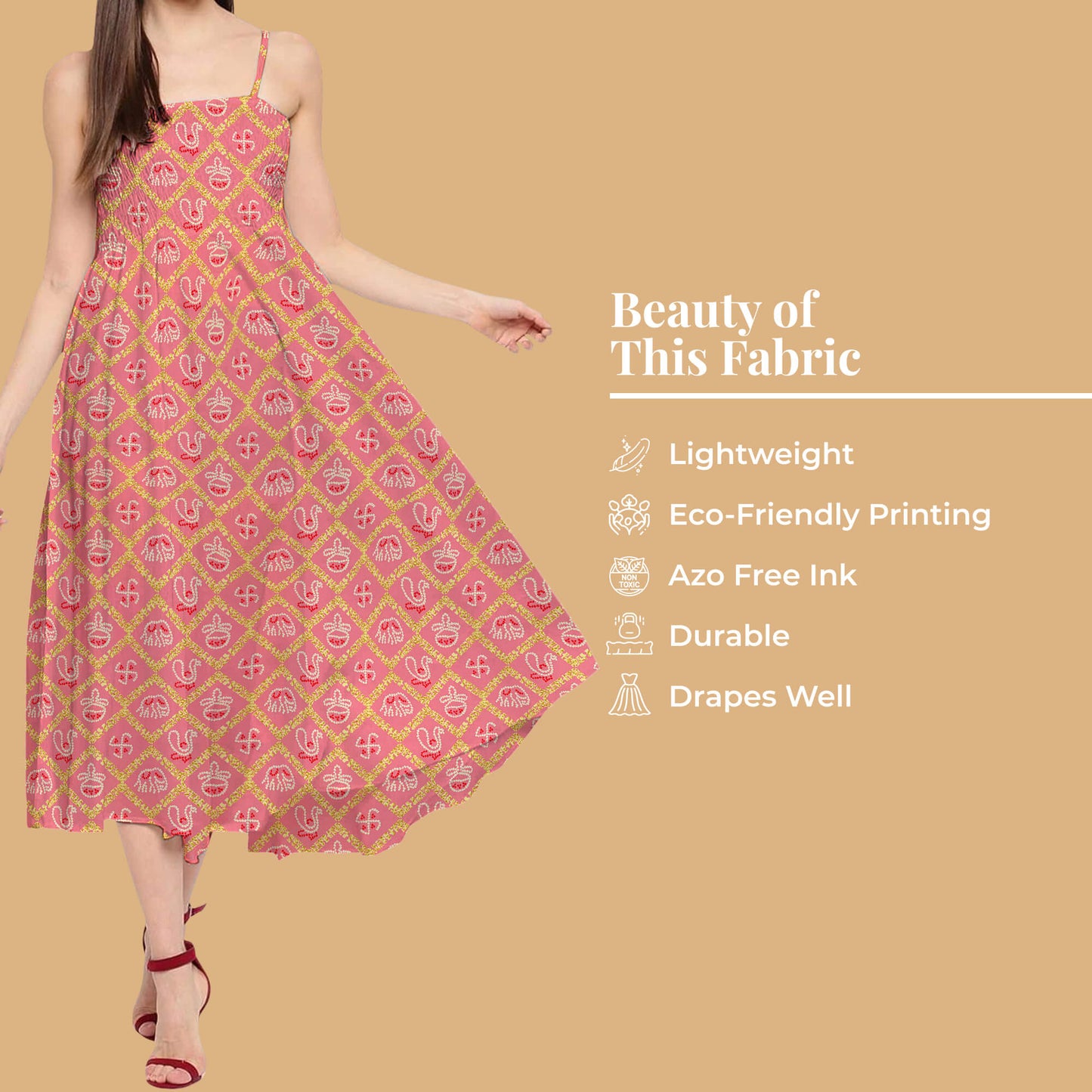 Punch Pink And White Bandhanii Pattern Digital Print Twill Fabric (Width 56 Inches)