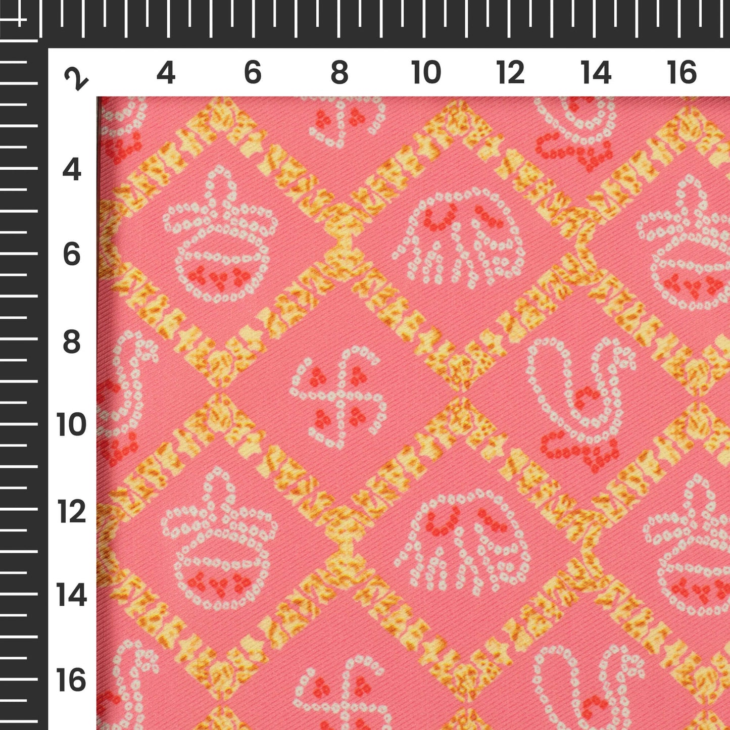 Punch Pink And White Bandhanii Pattern Digital Print Twill Fabric (Width 56 Inches)